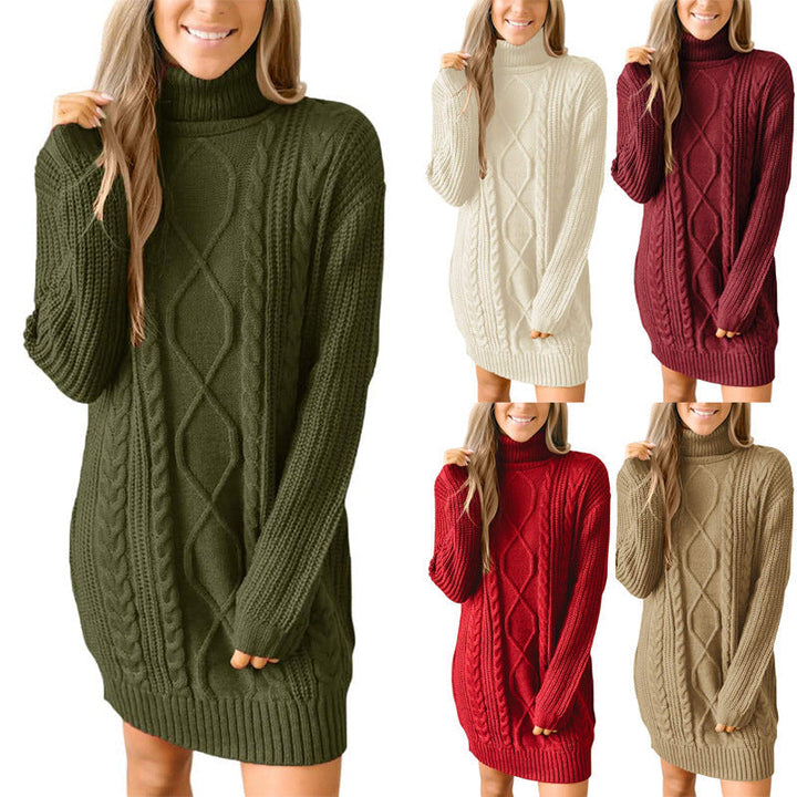 Women's Polo Neck Dress with Cable Knit – Sweater Dress