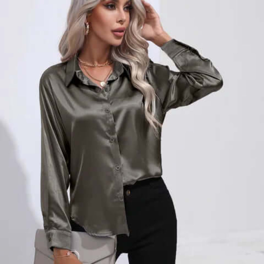 Women's Satin Loose Fit Long Sleeve Blouse