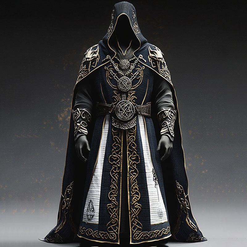 Men's Black Medieval Hooded Robe with Celtic Embroidery – Halloween Costume