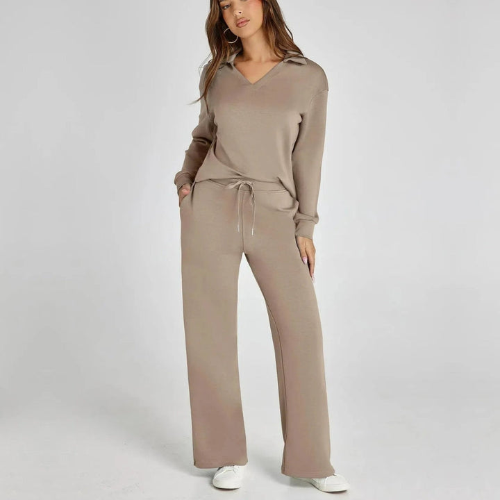 Women's Loungewear Set with V-Neck Sweatshirt and Wide Comfy Pants