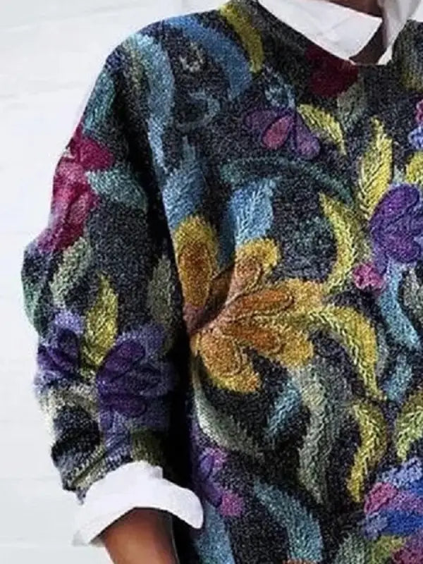 Women's Floral Print Sweater – Knitted Pullover with Patterned Print