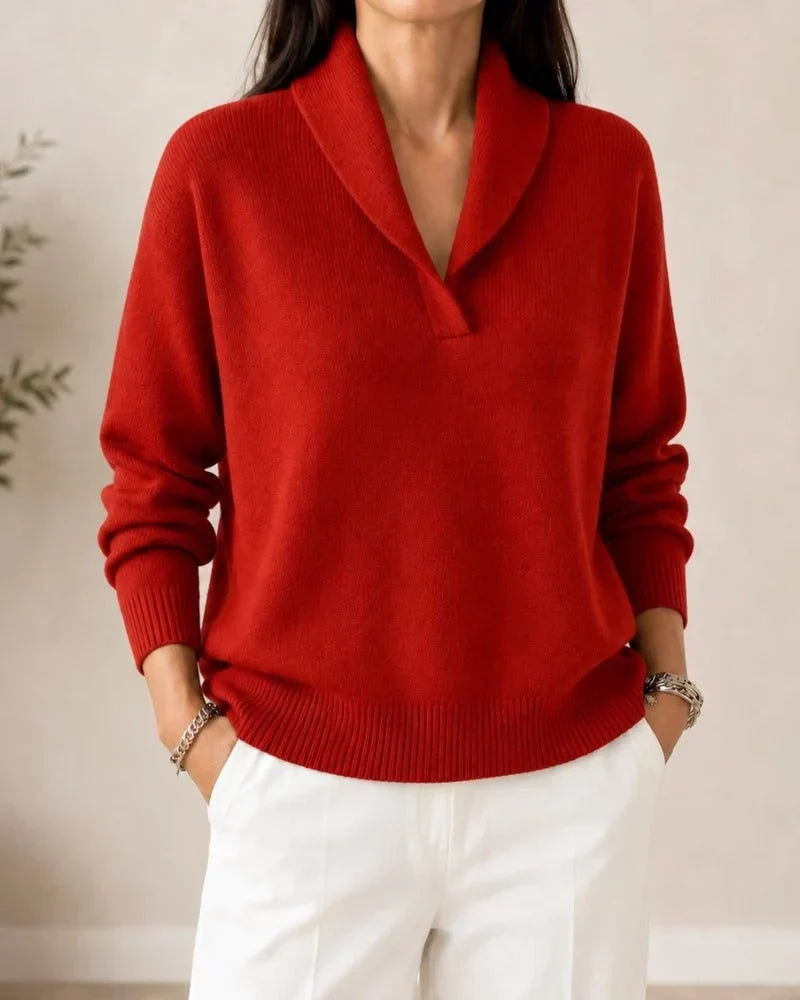 Soft V-Neck Sweater with Cowl Collar