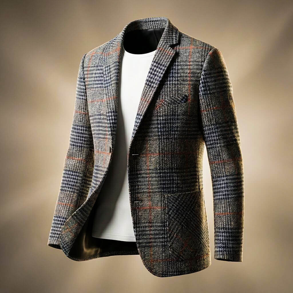 Men's Blazer Checked Wool Blend with Notch Lapels