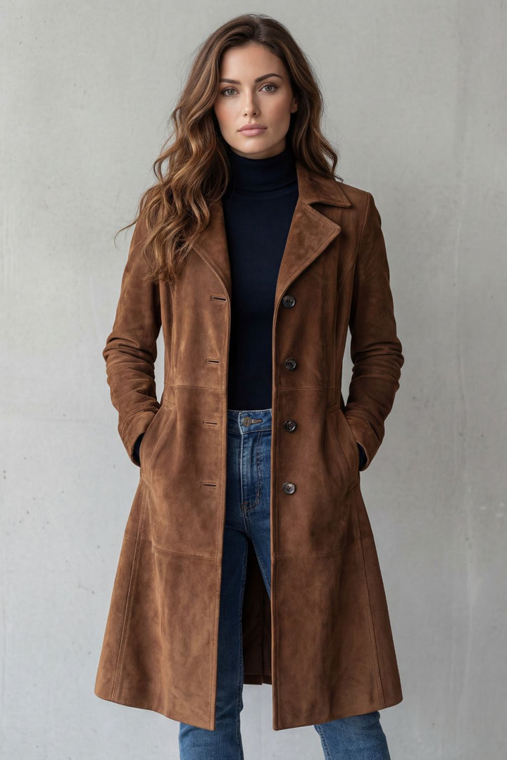 Women's Long Coat Faux Suede Look with Classic Collar