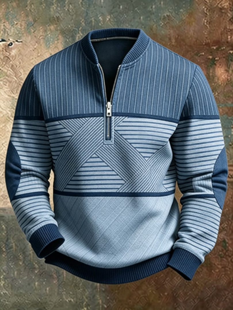 Men's sweater with stand-up collar, graphic pattern and half zip