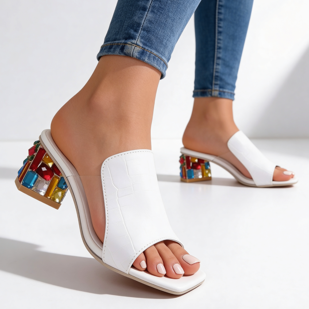 Women's Rhinestone Block Heel Slides - Peep-Toe Sandals