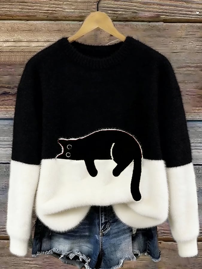 Oversized Sweater with Cat Print