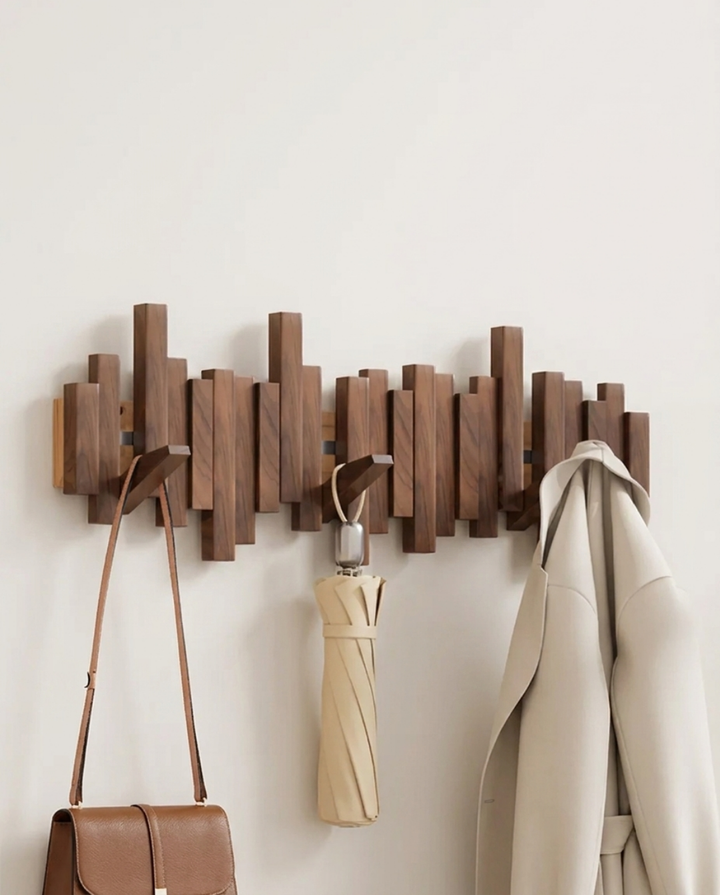 Wooden coat rack with folding magnetic hooks – beech, 3–10 hooks