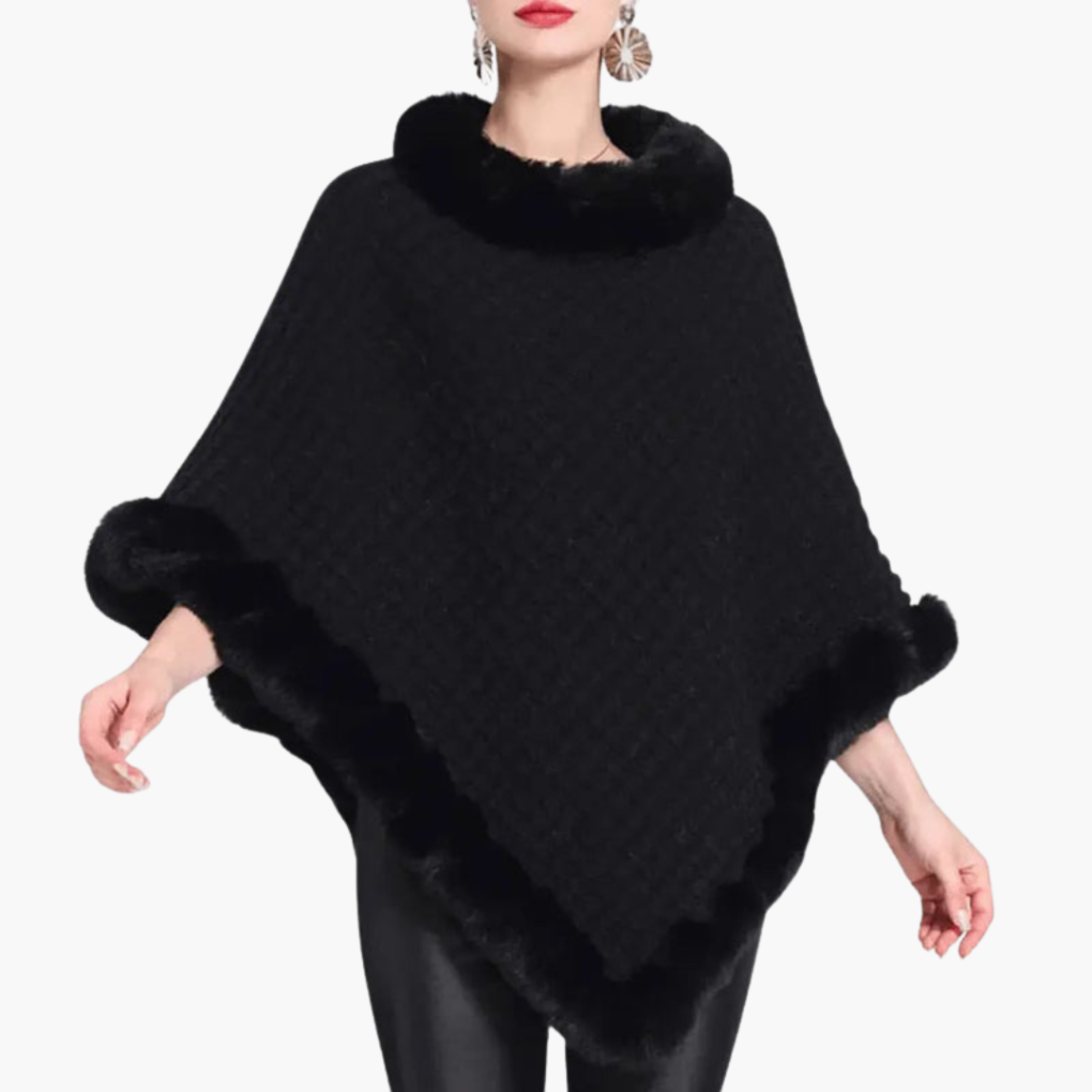 Women’s Knit Poncho with Faux Fur Trim and Oversized Fit