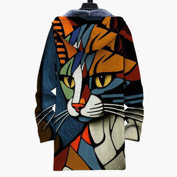 Unisex Hooded Zip Cardigan with Cat Print Design