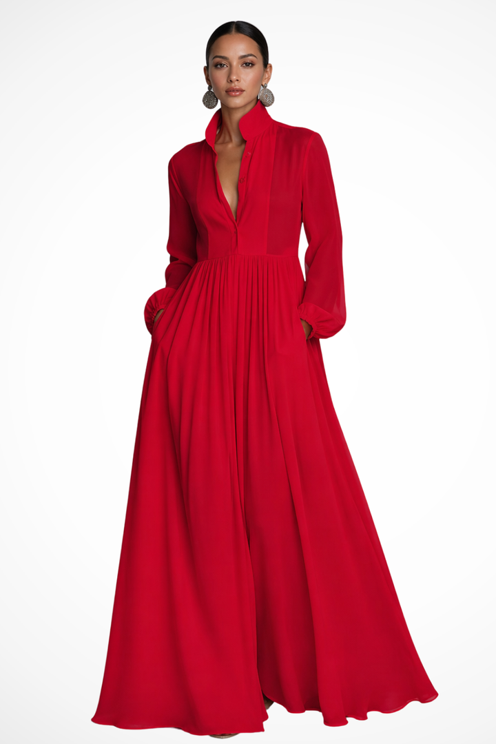 Women's Long Sleeve Maxi Dress with Buttons and Pockets