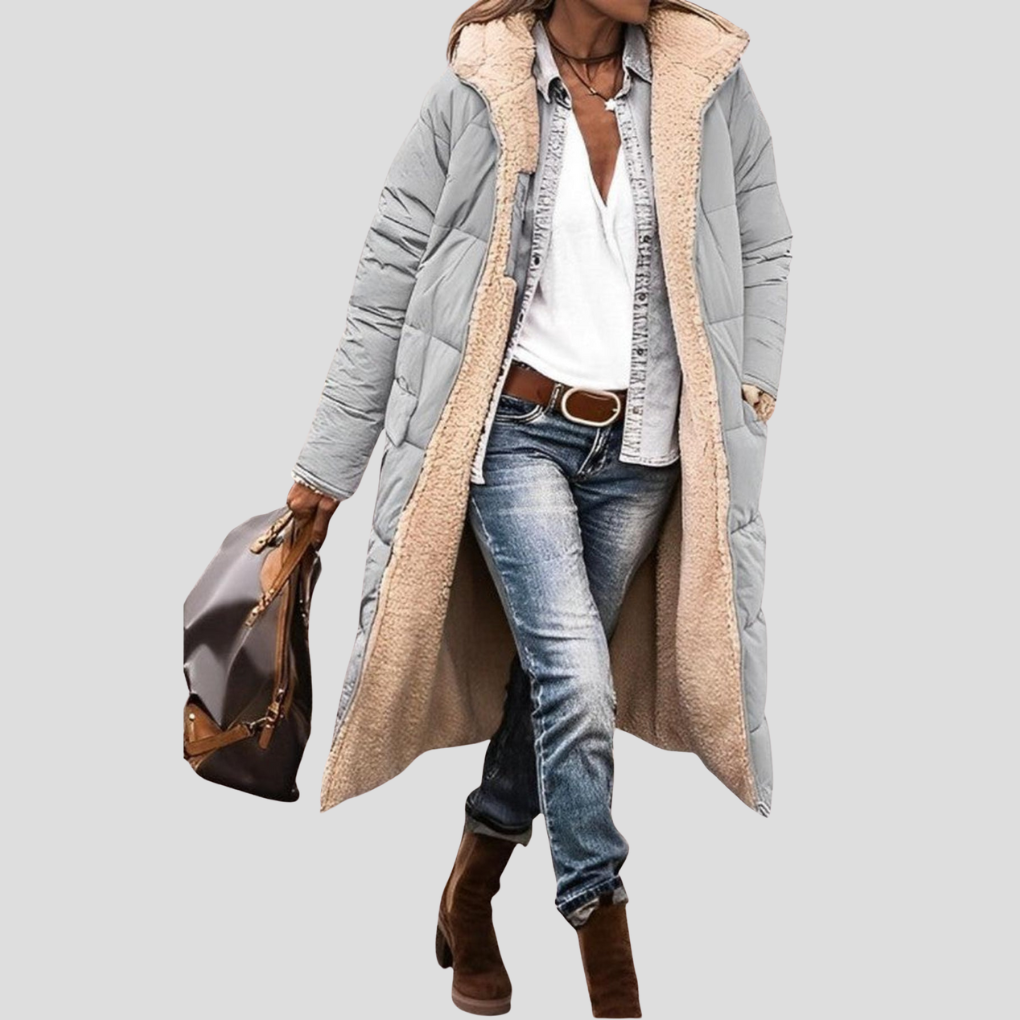 Women’s Long Reversible Winter Coat – Hooded with Teddy Lining