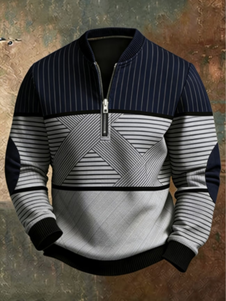 Men's Striped Sweater with Half Zip and Long Sleeves with Ribbed Cuffs
