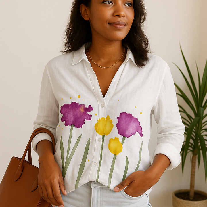 Women's V-Neck Floral Print Shirt & Long Sleeves