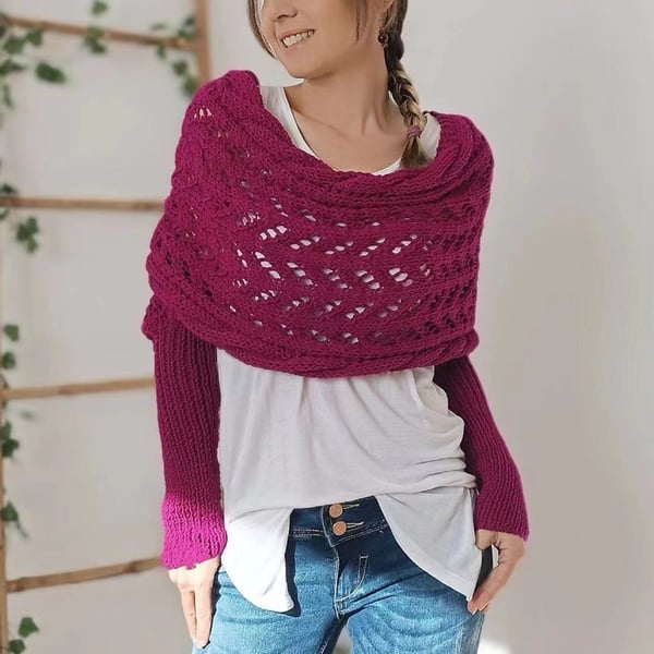 Double-Sleeve Wrap Scarf - Cozy Knit Scarf with Built-In Sleeves
