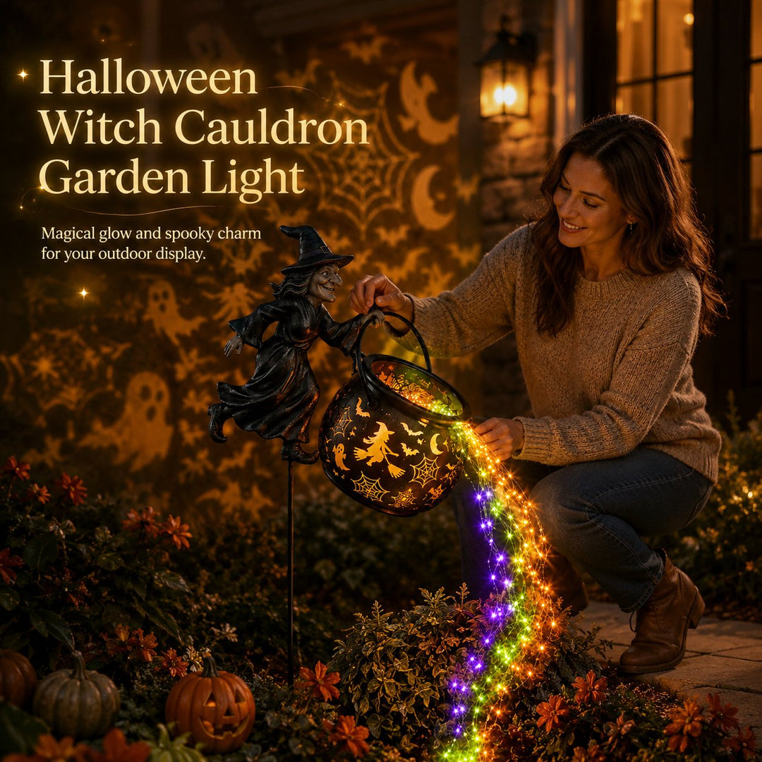 Halloween Witch's Cauldron Garden Lamp with Colorful Glow and Spooky Projections