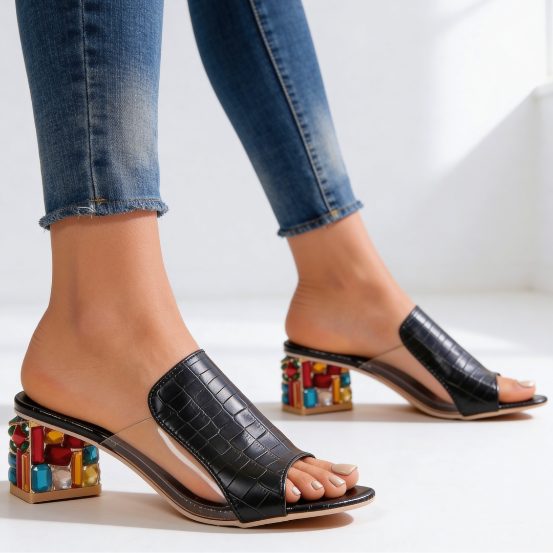 Women's Rhinestone Block Heel Slides - Peep-Toe Sandals