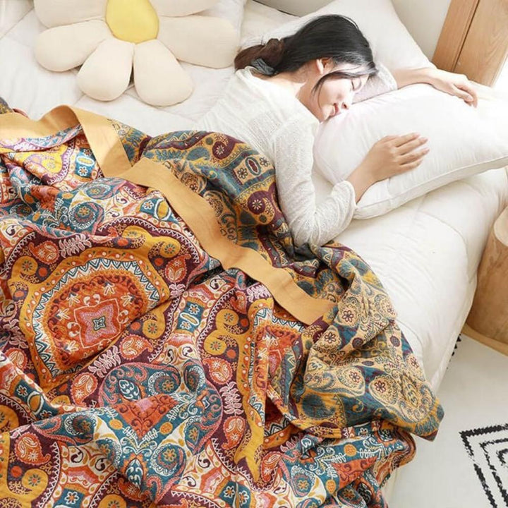 Sunrise Boho Reversible Blanket – Artistic Warmth with Dual-Sided Design