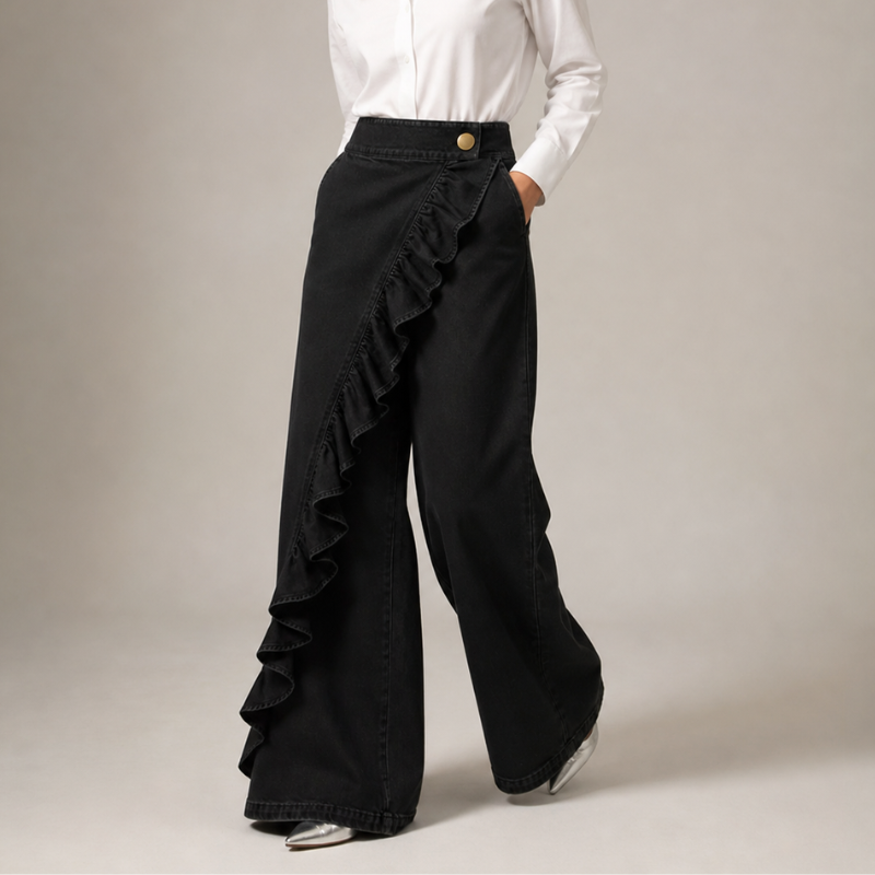 Wide-Leg Women's Jeans with Asymmetric Flounce in Culotte Style.
