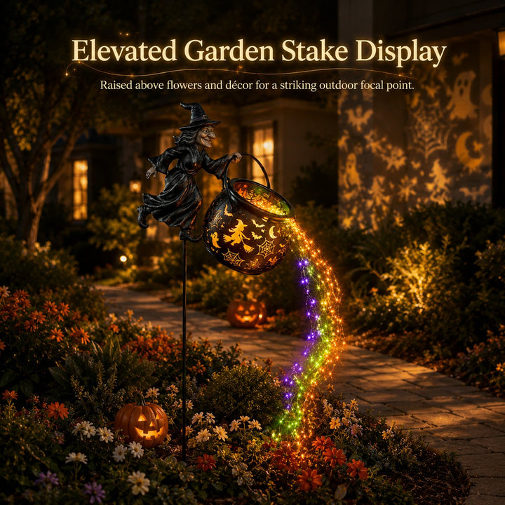 Halloween Witch's Cauldron Garden Lamp with Colorful Glow and Spooky Projections