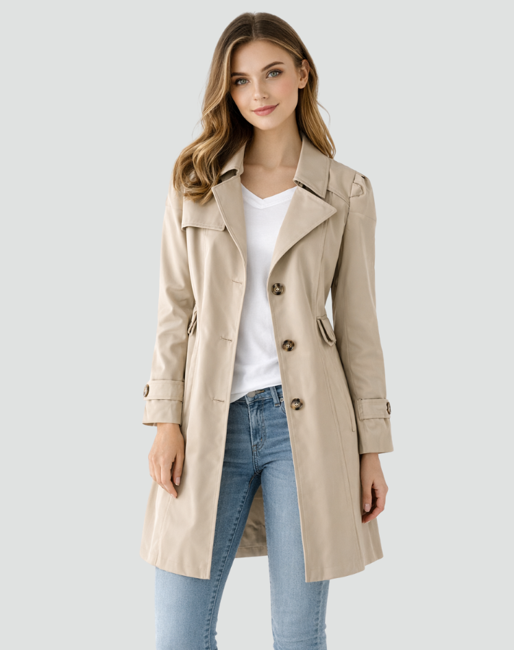Women's Fitted Trench Coat with Classic Lapels, Mid-Length