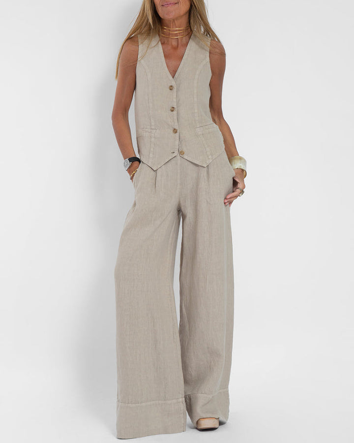 Linen 2-Piece Set with Wide-Leg Pants and Waistcoat – Alma