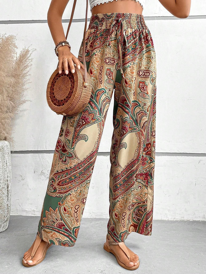 Bohemian Wide-Legged Women's Trousers with Slanted Pockets