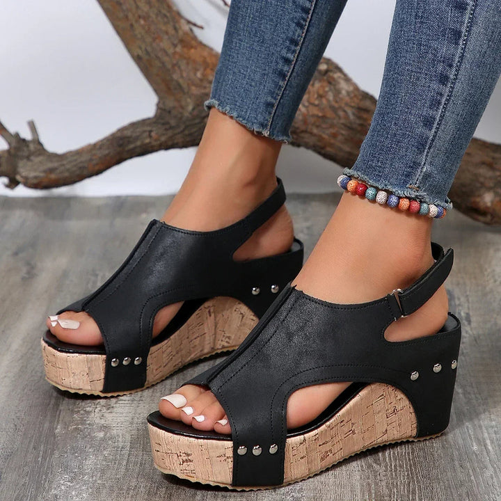Cross-Tied Peep-Toe Wedge Sandals