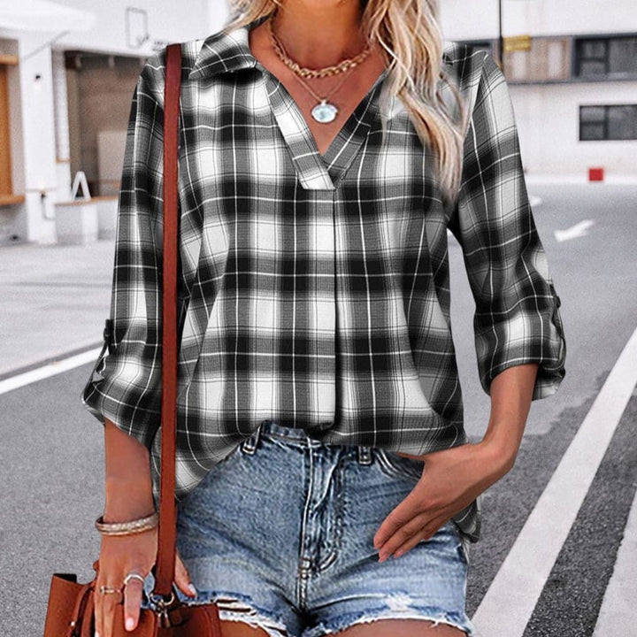 Women’s Checked Long Sleeve V Neck Blouse