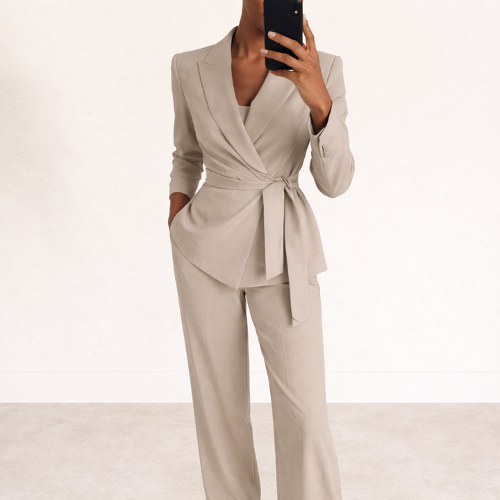 Women's Blazer Suit Set with Wide Leg Pants and Belt
