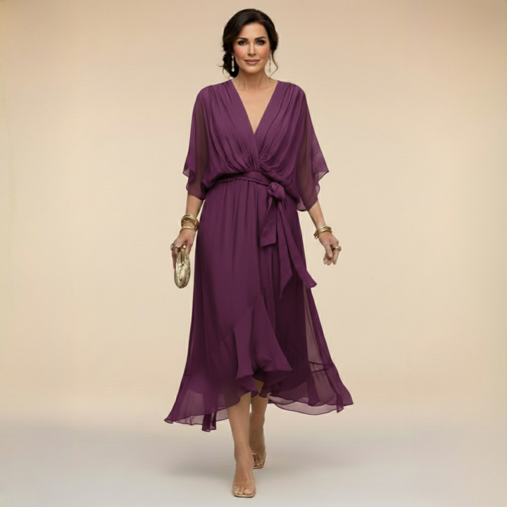 Elegant, flowing women's midi dress – V-neck & adjustable waist