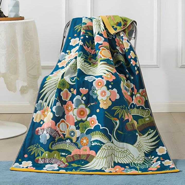 Lush Flower Cranes Bath Towel – Elegant Comfort with Artistic Flair