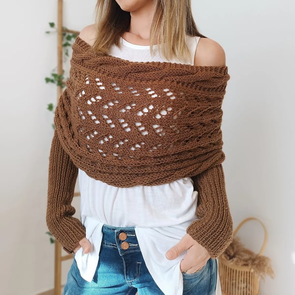 Double-Sleeve Wrap Scarf - Cozy Knit Scarf with Built-In Sleeves