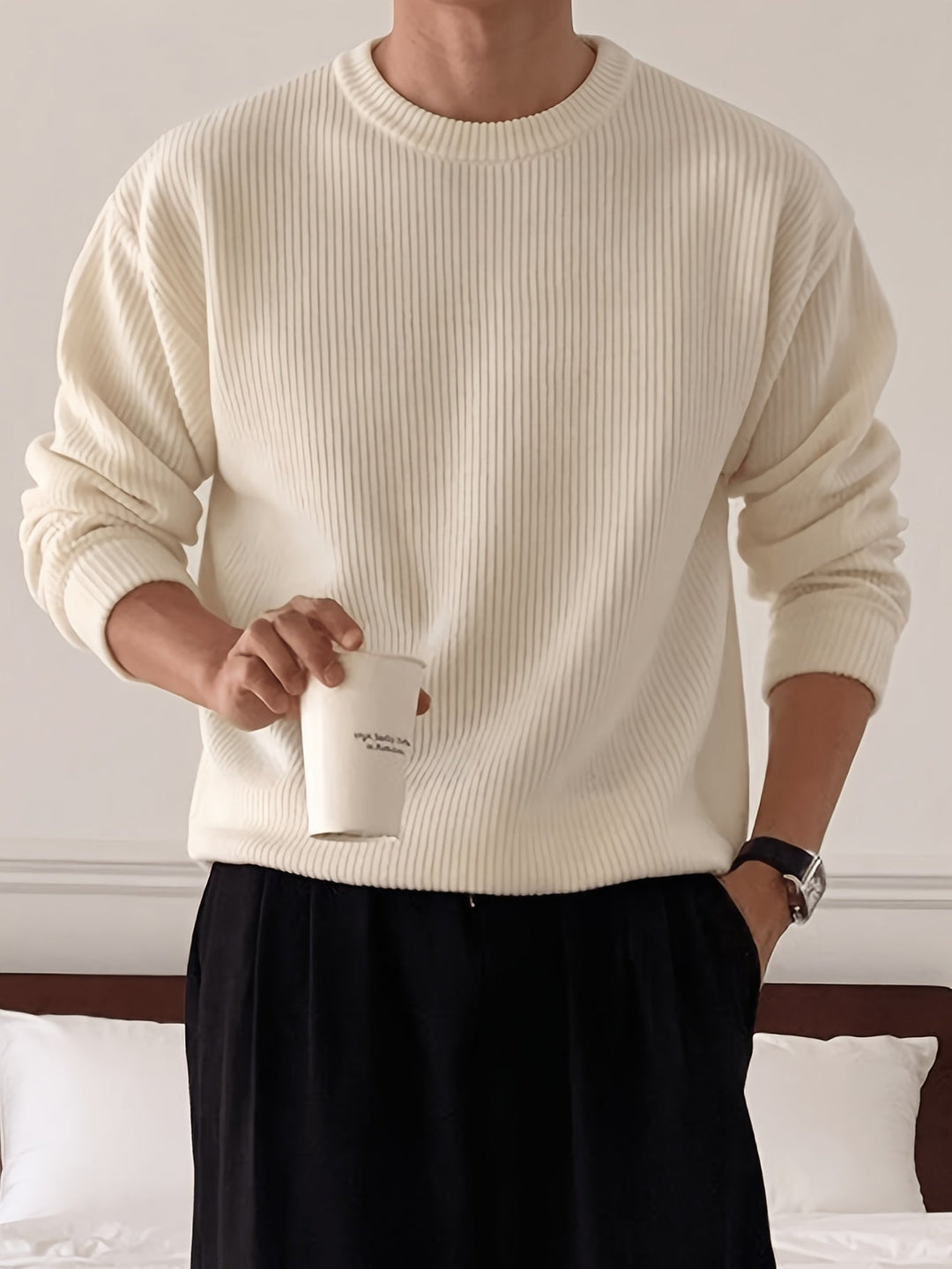 Men's Rib Knit Crew-Neck Sweater with Relaxed Fit