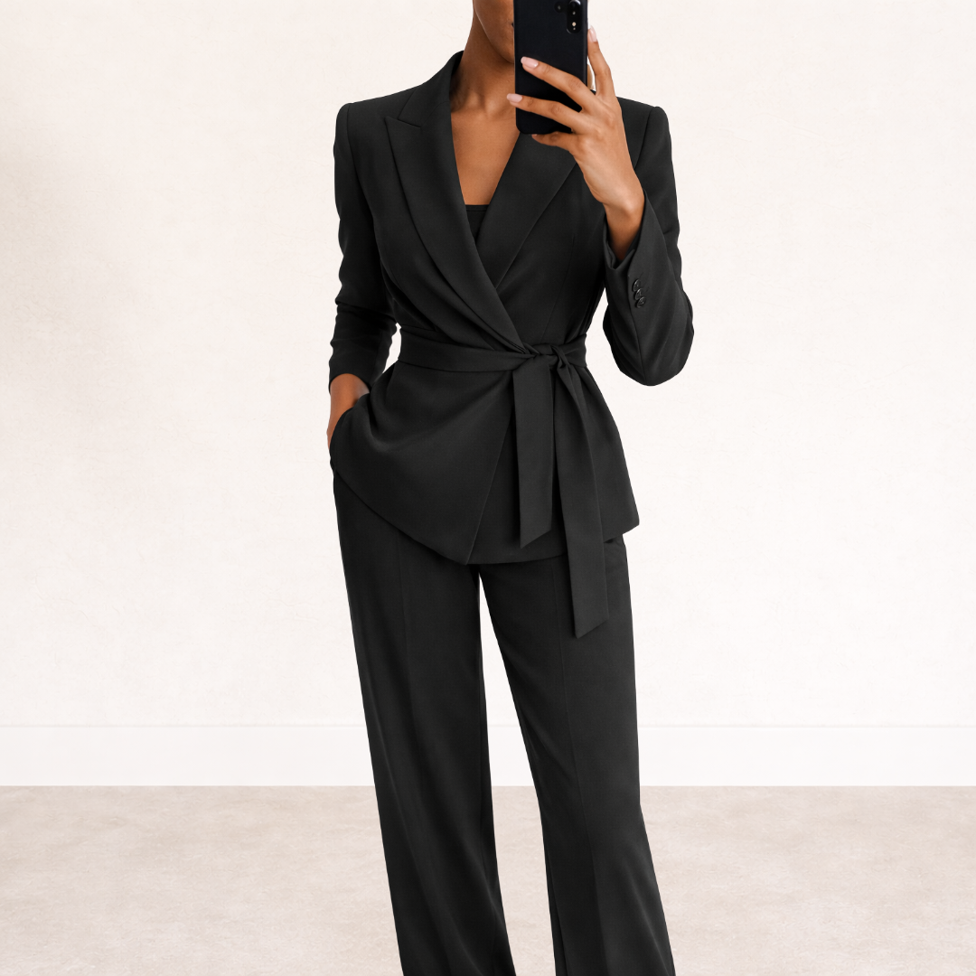 Women's Blazer Suit Set with Wide Leg Pants and Belt