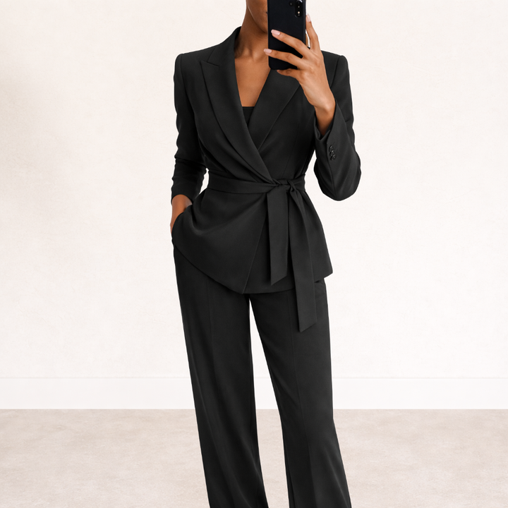 Women's Blazer Suit Set with Wide Leg Pants and Belt