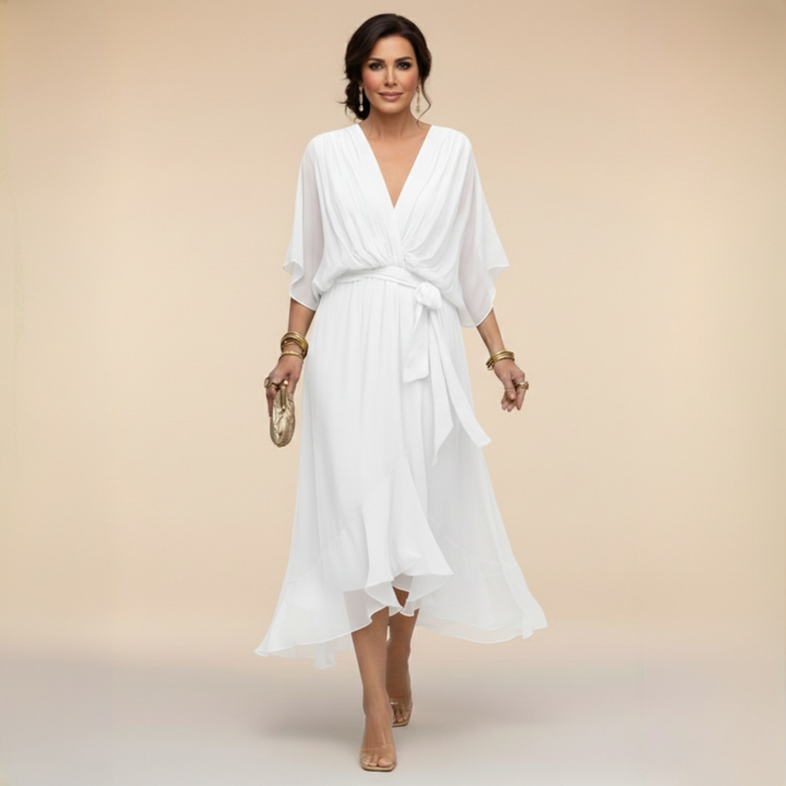 Elegant, flowing women's midi dress – V-neck & adjustable waist