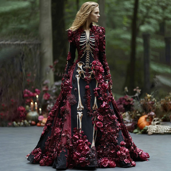 Women's Long-Sleeve Skeleton Floral Maxi Dress for Halloween Parties