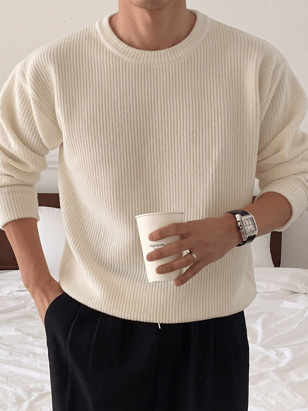 Men's Rib Knit Crew-Neck Sweater with Relaxed Fit