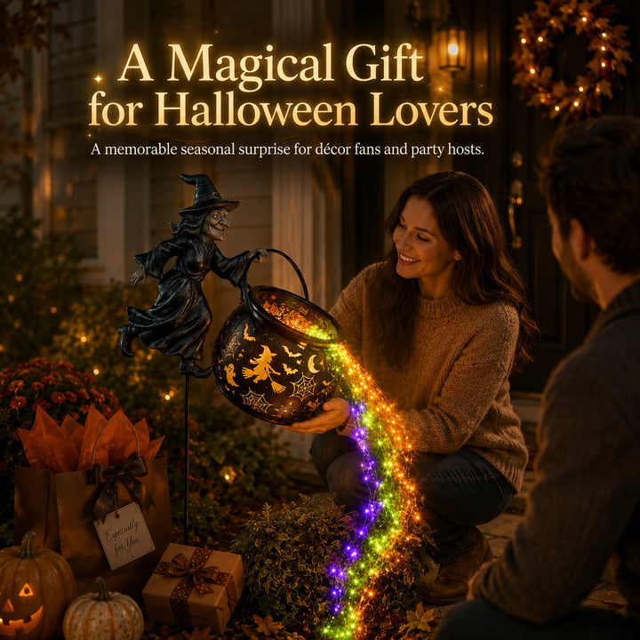Halloween Witch's Cauldron Garden Lamp with Colorful Glow and Spooky Projections