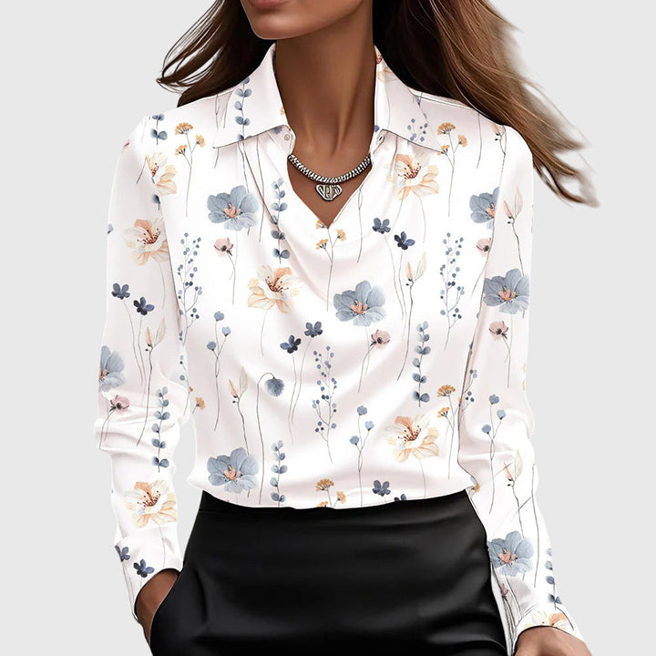 Women's satin blouse with waterfall neckline - long-sleeved collared top for work and evenings