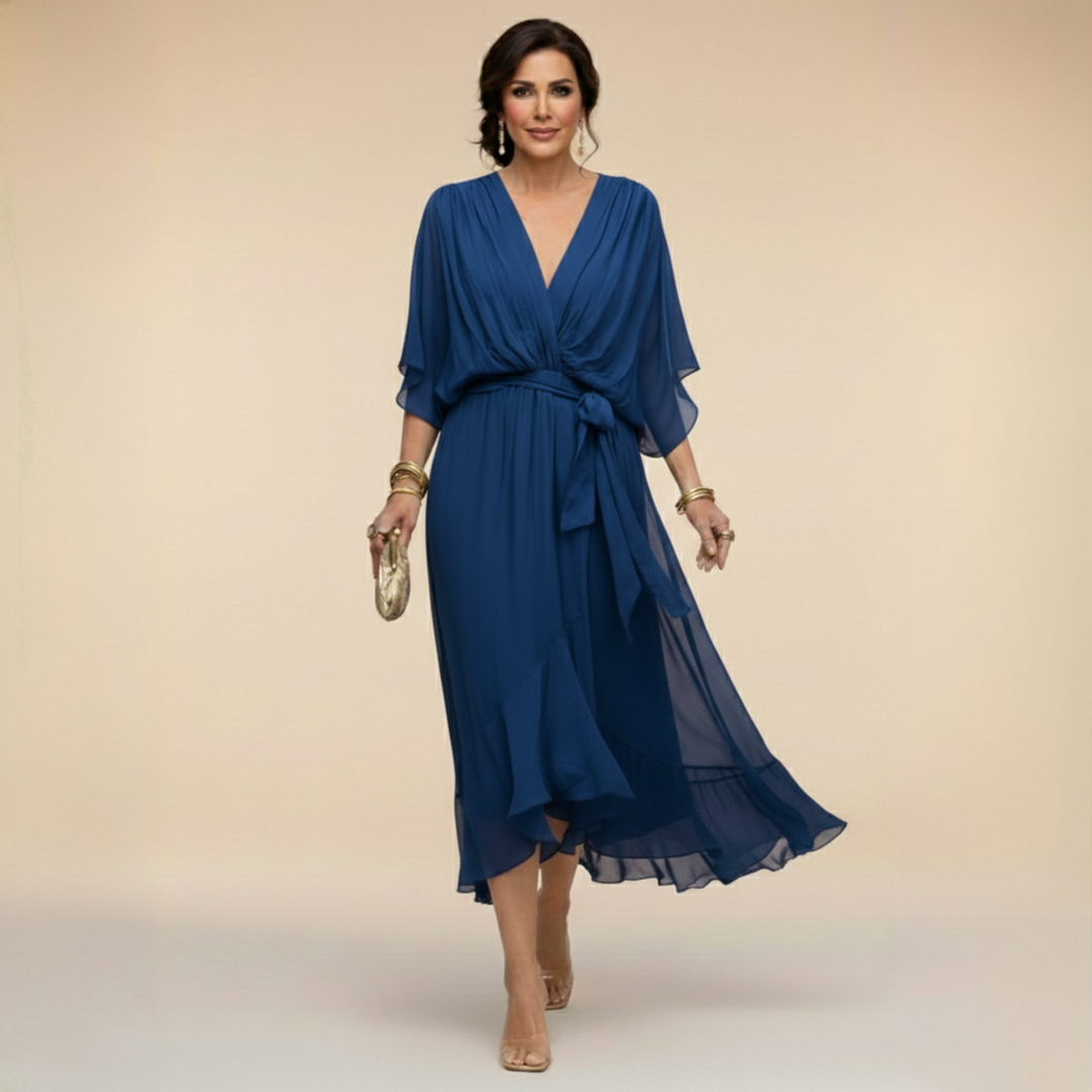 Elegant, flowing women's midi dress – V-neck & adjustable waist