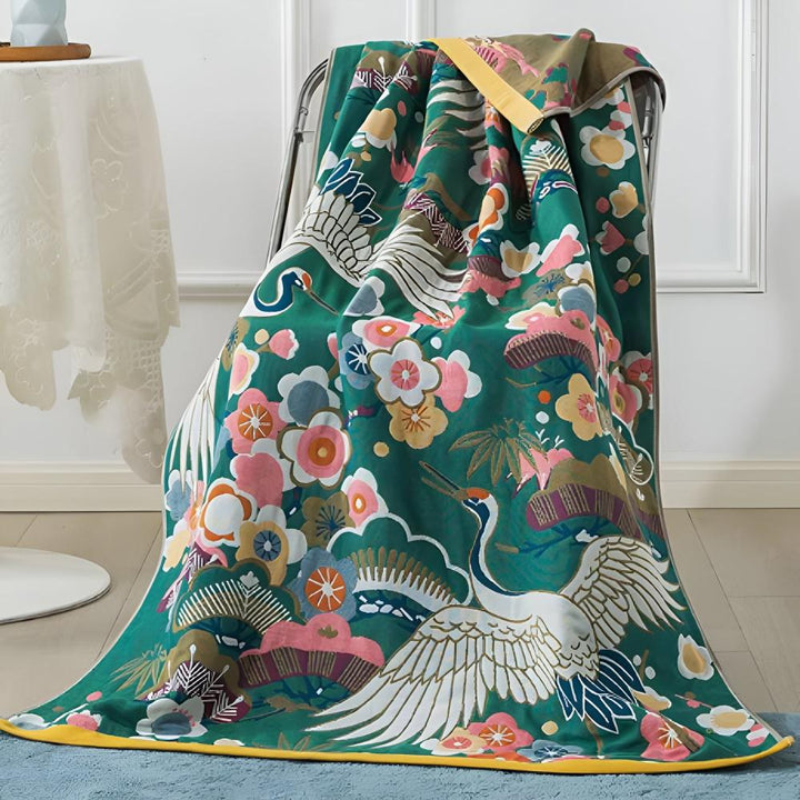 Lush Flower Cranes Bath Towel – Elegant Comfort with Artistic Flair
