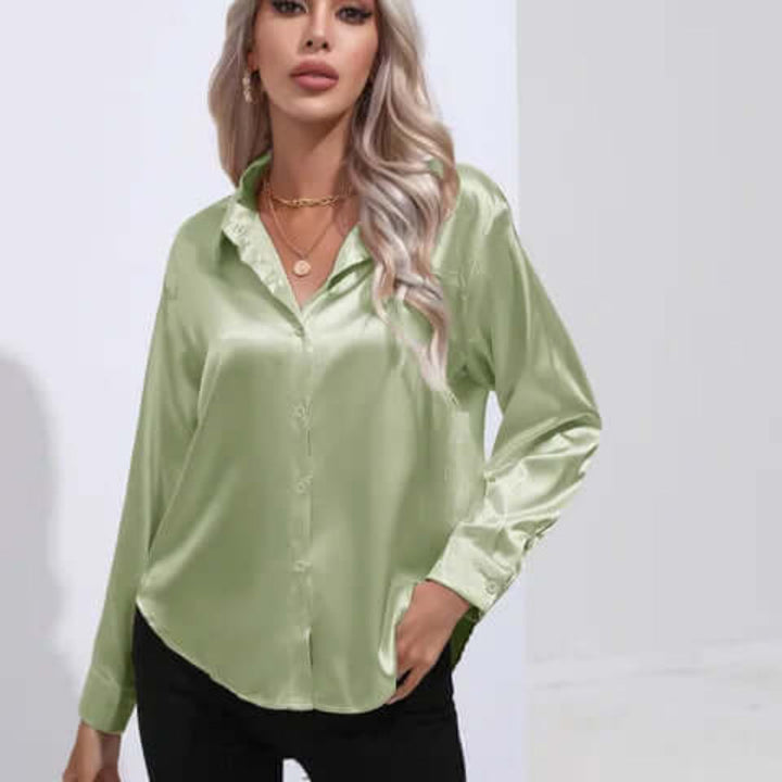 Women's Satin Loose Fit Long Sleeve Blouse
