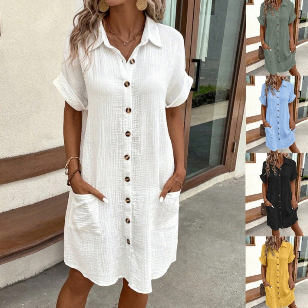 Summer Simplicity V-neck Buttons Cotton Linen Women's Shirt Dress