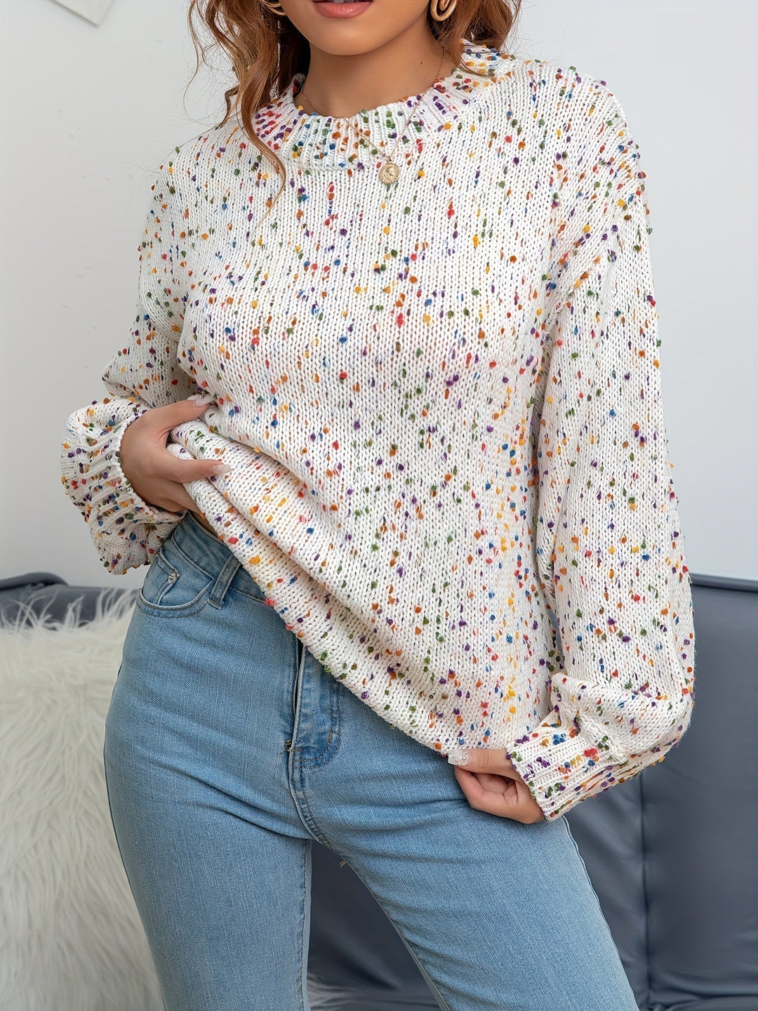 Knitted Women's Sweater with Confetti Print - Noa