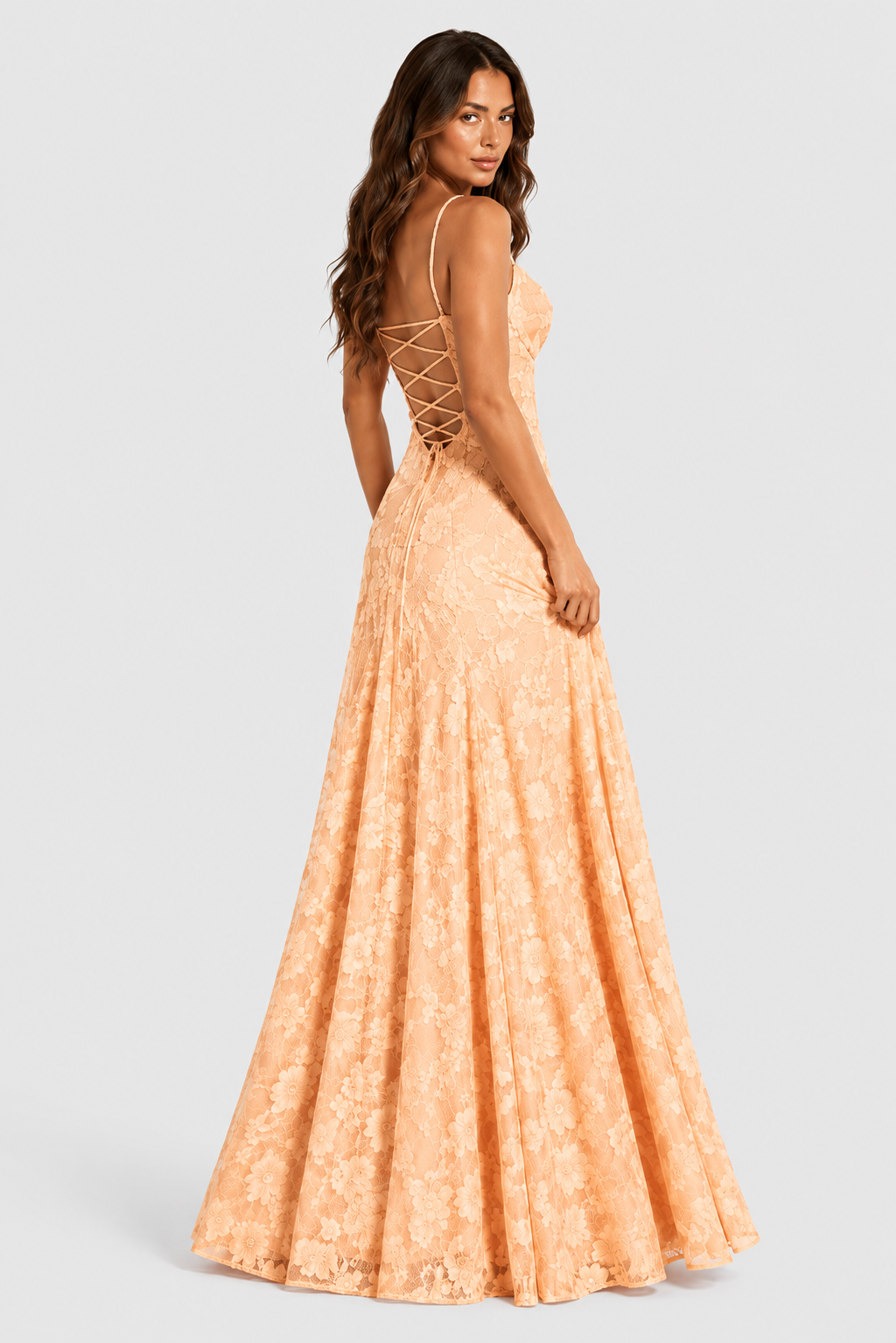 Raised 3D floral lace A-line midi-maxi dress with draped neckline