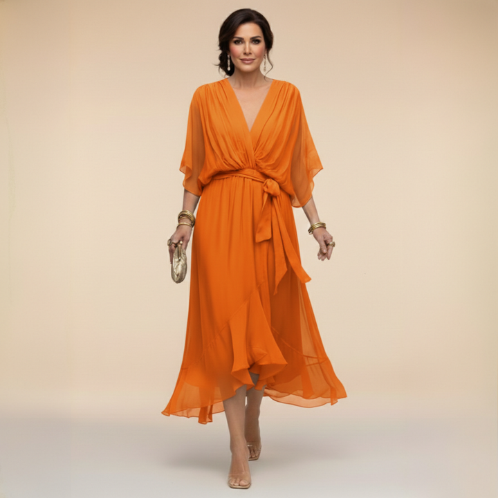 Elegant, flowing women's midi dress – V-neck & adjustable waist