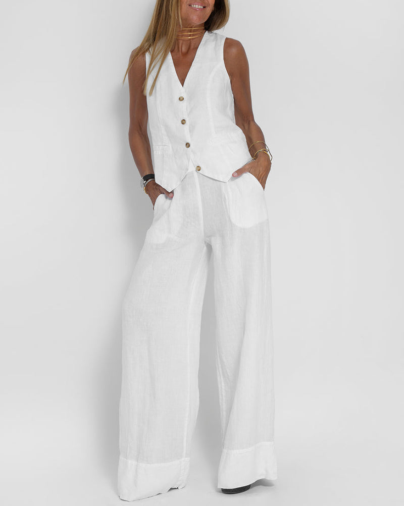 Linen 2-Piece Set with Wide-Leg Pants and Waistcoat – Alma