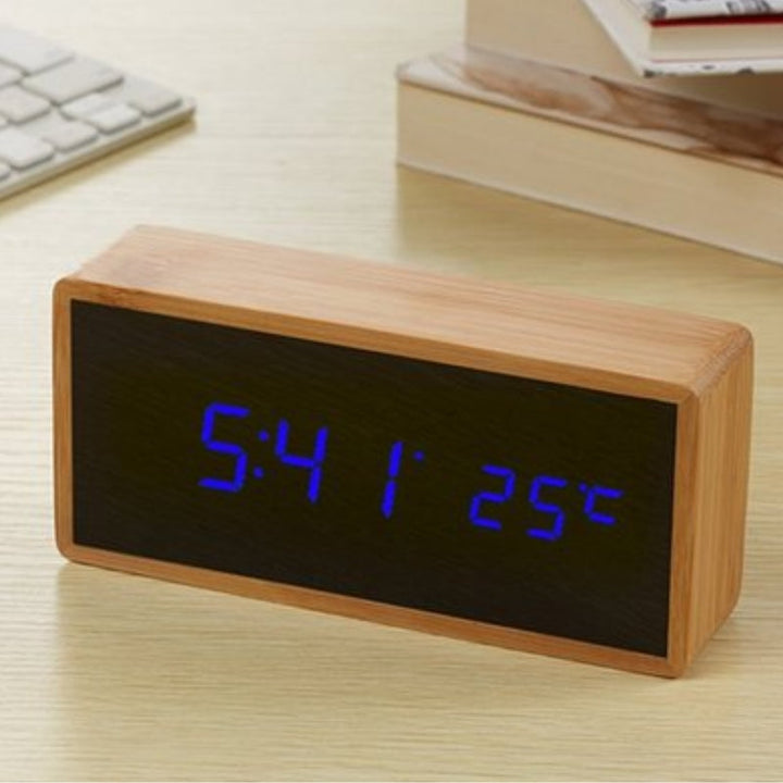 Digital Wooden Alarm Clock with LED Display – Time and Temperature